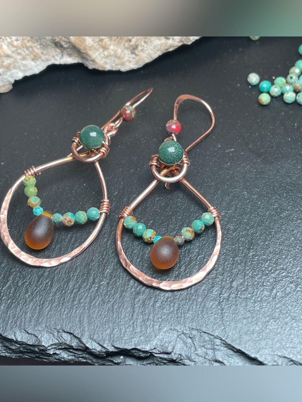 Artisan Made Copper drop Earrings with Moss Agate and Turquoise - Picture 11 of 13